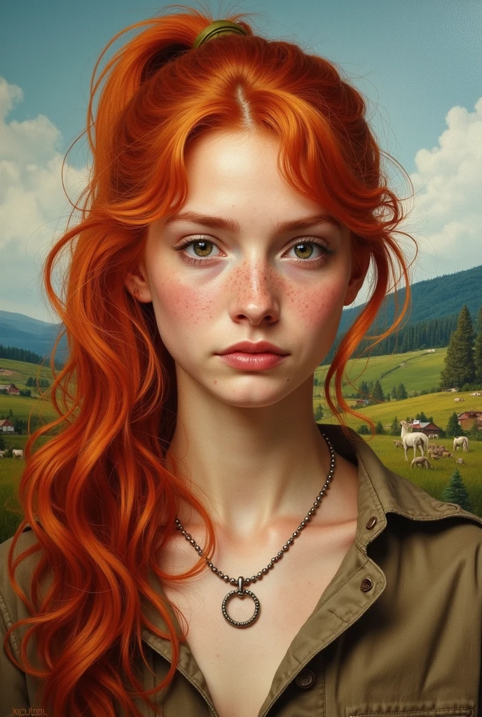 a young red-haired woman, flat broad nose, pony , highly detailed, photorealistic, oil on canvas, landscape background,  delicate facial features , vivid colors, realistic texture, atmospheric lighting, picturesque atmosphere, warm color palette,  Detailed presentation 