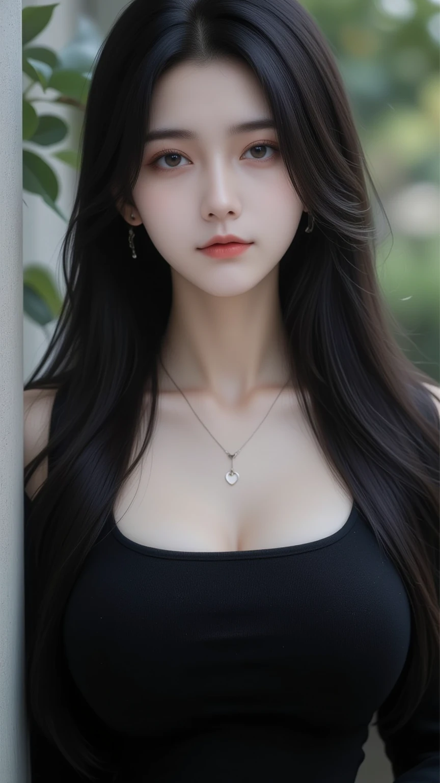(lifelike,high resolution:1.3), A slim girl, The face shape and eyes are super delicate,(Black Hair),Red glossy lips,(Beautiful face), (best quality), (Ultra Detailed), (Extremely detailed CG unified 8k wallpaper),((Black strappy low neck dress)),(White background),(Cleavage),(Model photo),Sexy look,big eyes,(Standing),(纤细的waistline),Eyes look at the audience,Very perfect breasts,Center the character,White skin,Layered Hairstyle,waistline