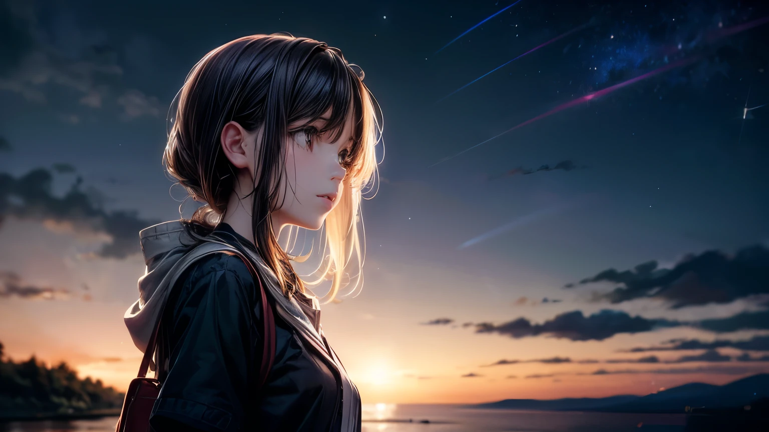 ((masterpiece, In 8K, High resolution, realistic)), (masterpiece, side light, fine and beautiful eyes: 1.2), ((Distant view)), Anime style, 1woman, anime characters in a scene with a sky background, your name movie style, Stills in TV anime, yourname, Night sky, starry night, moonlit night, (((looking away from camera))), (((Looking up at the night sky))), Calm, Soft dramatic lighting, depth of fields, Bokeh, vibrant detail, hyper realistic