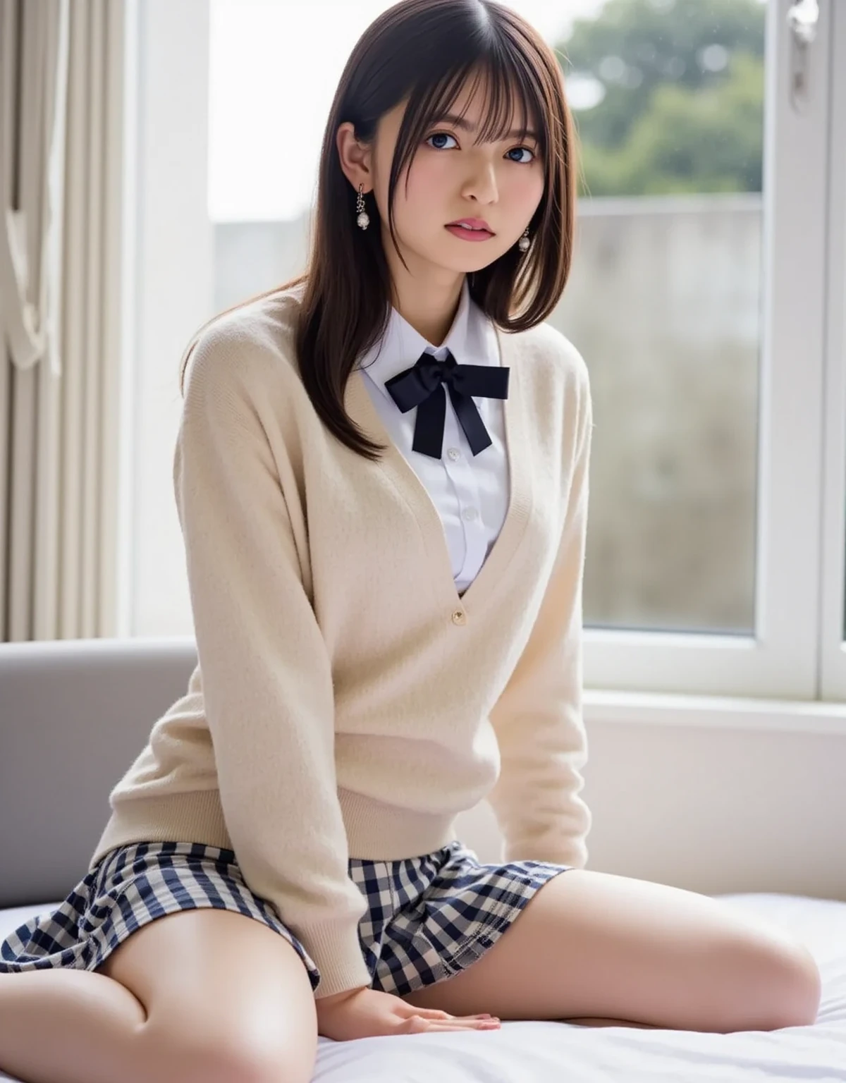 8K, RAW portrait of (japanese woman),masterpiece、Photoreal:1.realistic pictures, ultra high resolution, highest quality, real life photos ,( At night :1.1),((( Girl lying on her back on bed)))、((I'Iは仰向けに寝ています:1.5))、(cute face:1.4)、Two very cute Japanese girls,((Japanese elementary school girl))、((Real High School Girl))、((school uniform、plaid pleated skirt、A bow tie))、 long hair,,slender body,、in the room、
big beautiful detailed eyes, black hair,(Depth of written boundary:1.3),、((disheveled clothes:1.3))、 ((dark brown eyes:1.5))、(real skin texture:1.3)、(Immersive atmosphere:0.8、chiaroscuro:1.2) 、(looking at the viewer)、look at the camera、look at the audience、((embarrassing:1.5))、(laughter:0.3)、((red cheeks:1.3))、((ceiling from below:1.3))、(body facing the camera:1.5)、((Woman rolling up her skirt))、((Spread your legs out to the sides and down:1.5))、((close-up of crotch:1.6))、