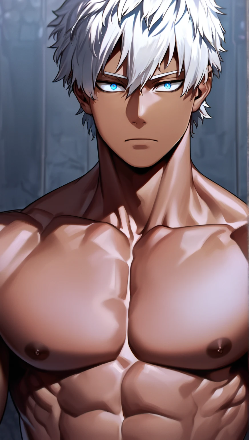 Anime guy shirtless
White hair
6 pack abs 
Strong chest
