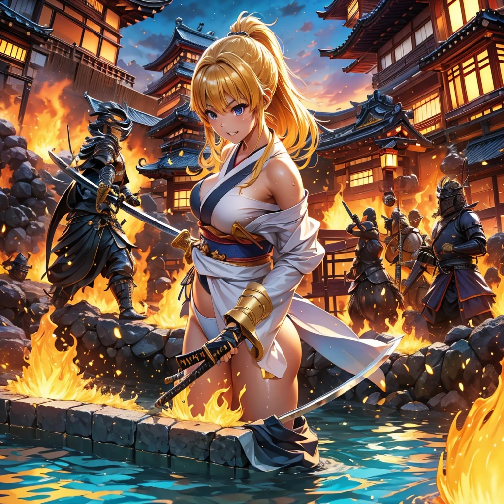 (((top quality、4k))), ((masterpiece)), ( are familiar), Perfect face,  Shiny Skin, beautiful ???????, Kyoto animation style illustration,  Shiny Skin、 hoodie、  tanned skin  、sweat、 off the shoulder、Floral swimsuit、 double teeth
、 young、 big breasted with a cross eye、 Hug、hot spring、Dark Skin、close、Nearby、(((having Japanese sword、battoujyutsu)))、  knight 、 blond