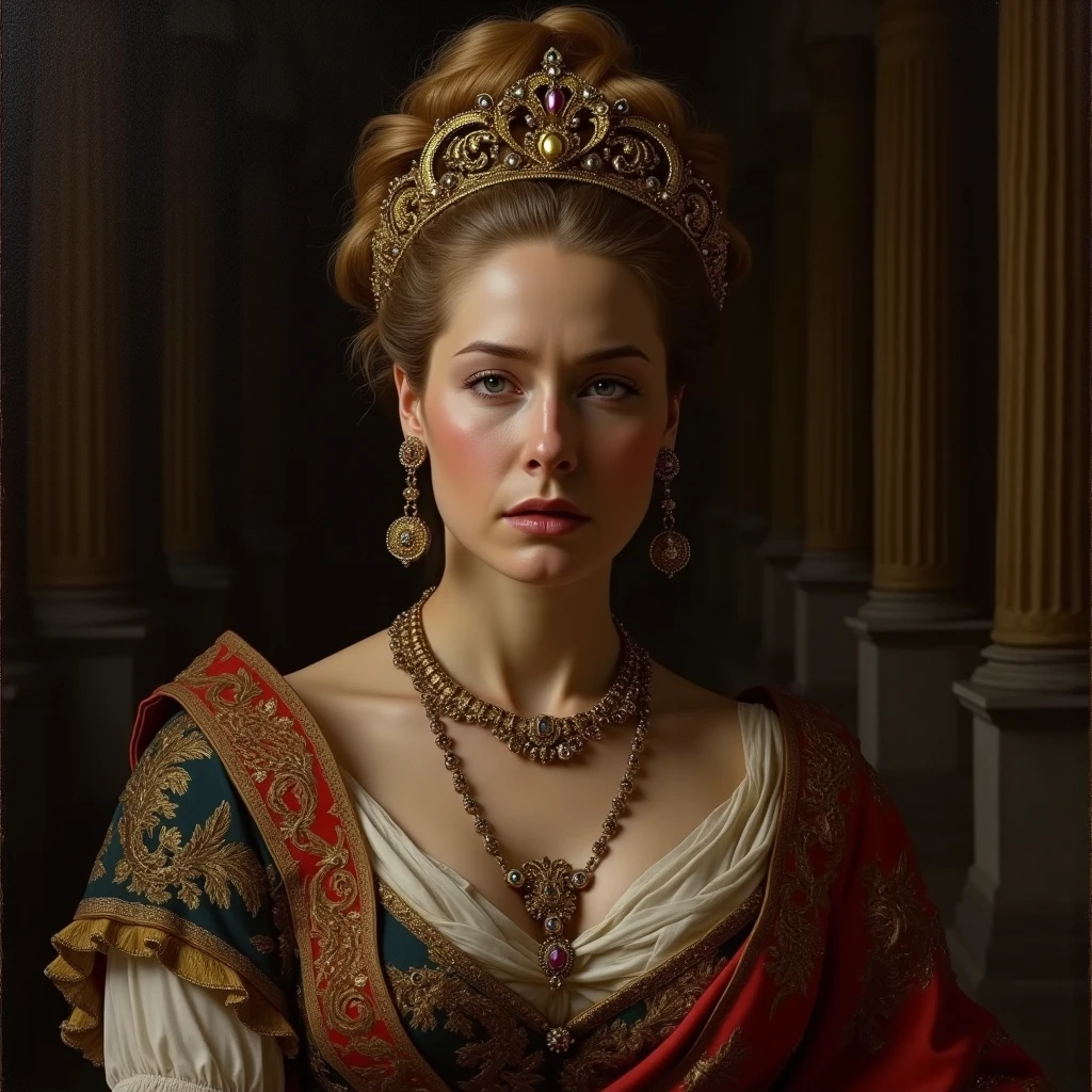 Portrait of Connie Nielsen as a Roman wealthy lady in the ancient costume of a Roman empress. Sadness and surprise. Dark interior of the Imperial Roman Palace in the background.