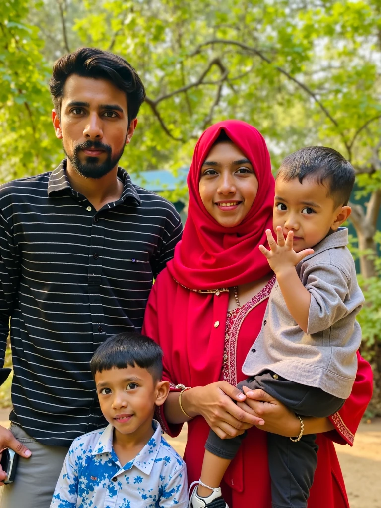 a happy, crtistã family on a green background with a light by the