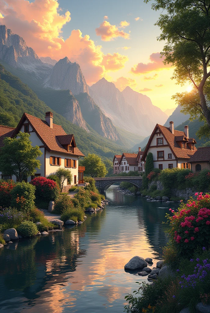 a small village by the river, mountains in the background, floral flowers colorful, detailed landscape, Beautiful natural landscapes, atmospheric lighting, scorching sunset, warm colours, practical, photopractical, Detailed Foliage, complex buildings, cobblestone street, Charming country house, swirly vibrant colors, lush vegetation, Still water reflections, Picturesque, idyllic, work of art, best qualityer, 8k, extremely detaild,anime styling