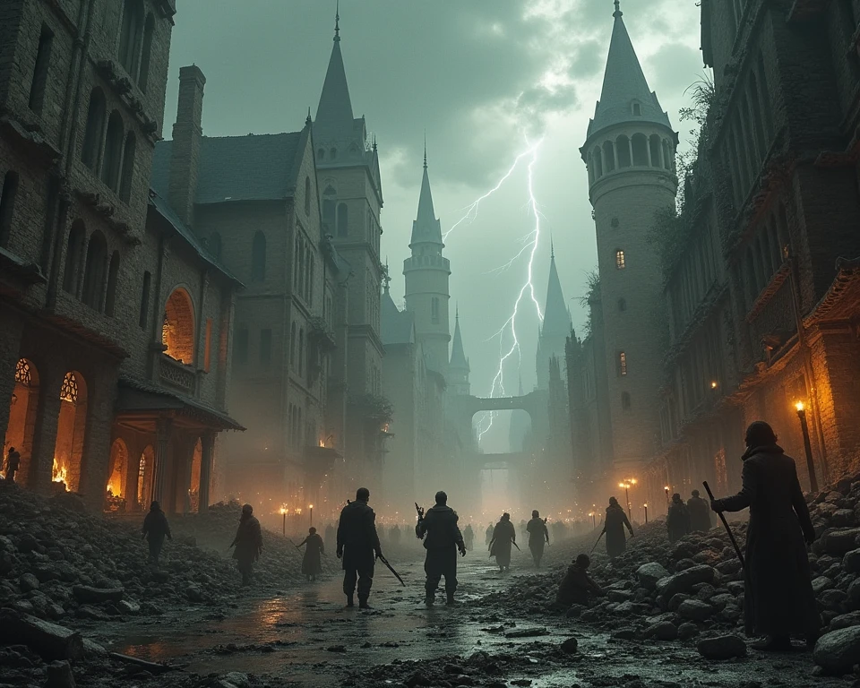 por favor, I know you're a great artist. Can you help me draw a picture of a chaotic and apocalyptic medieval city? 