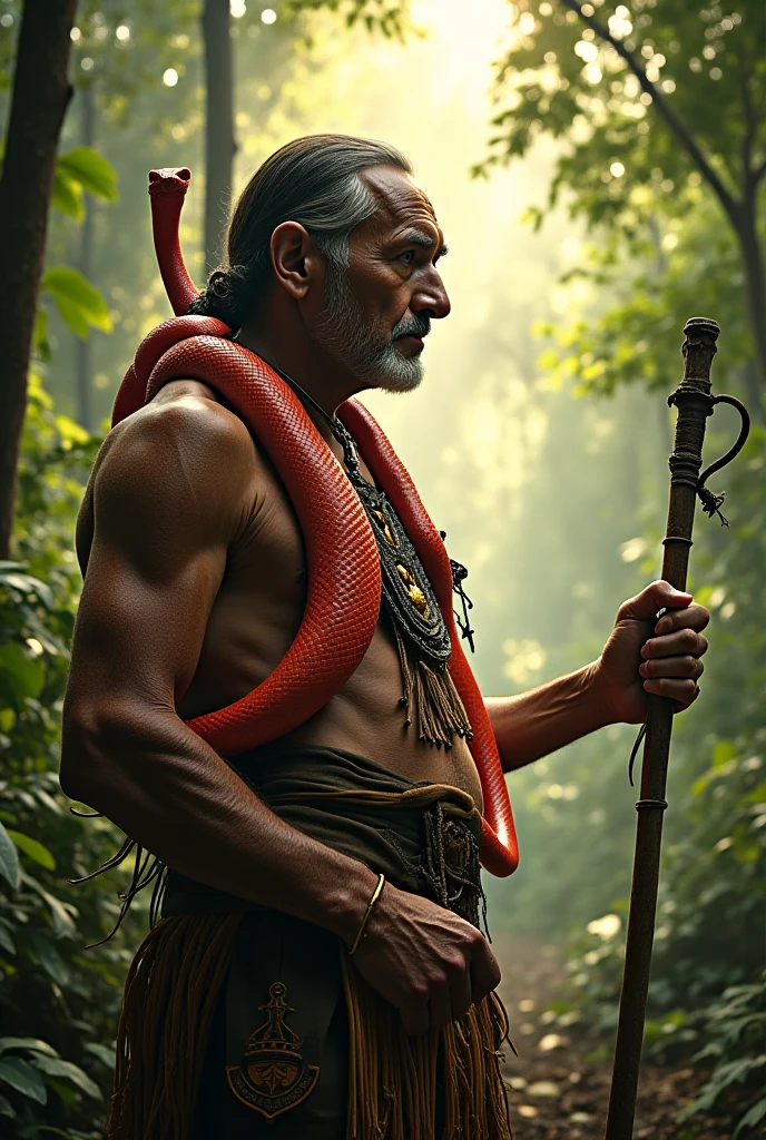 Create an image for me to post on Instagram, An Indian, a 60-year-old cacique with a coral snake wrapped around his arm, holding a Maracá and a cane, In the midst of forest , with a portal of light, an air of renewal and transformation