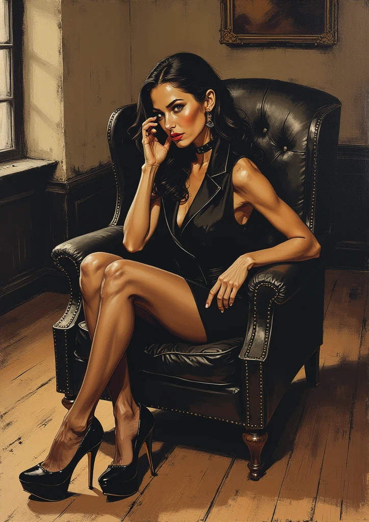 Impresionist primitive Oil painting. A high angle, floor level view of an beautyfull elegant 30 year old european woman laying on the wooden floor with legs on armcher. She is looking down at the viewer with an alluring smile, exuding confidence and superiority. She wears a minimalistic yet elegant dress and nylon stockings, platform heels and black collar. Indoor setting. Fisheye lens, dramatic, cinematic, painting, brush marks,  best quality, ultra sharp image, 4k