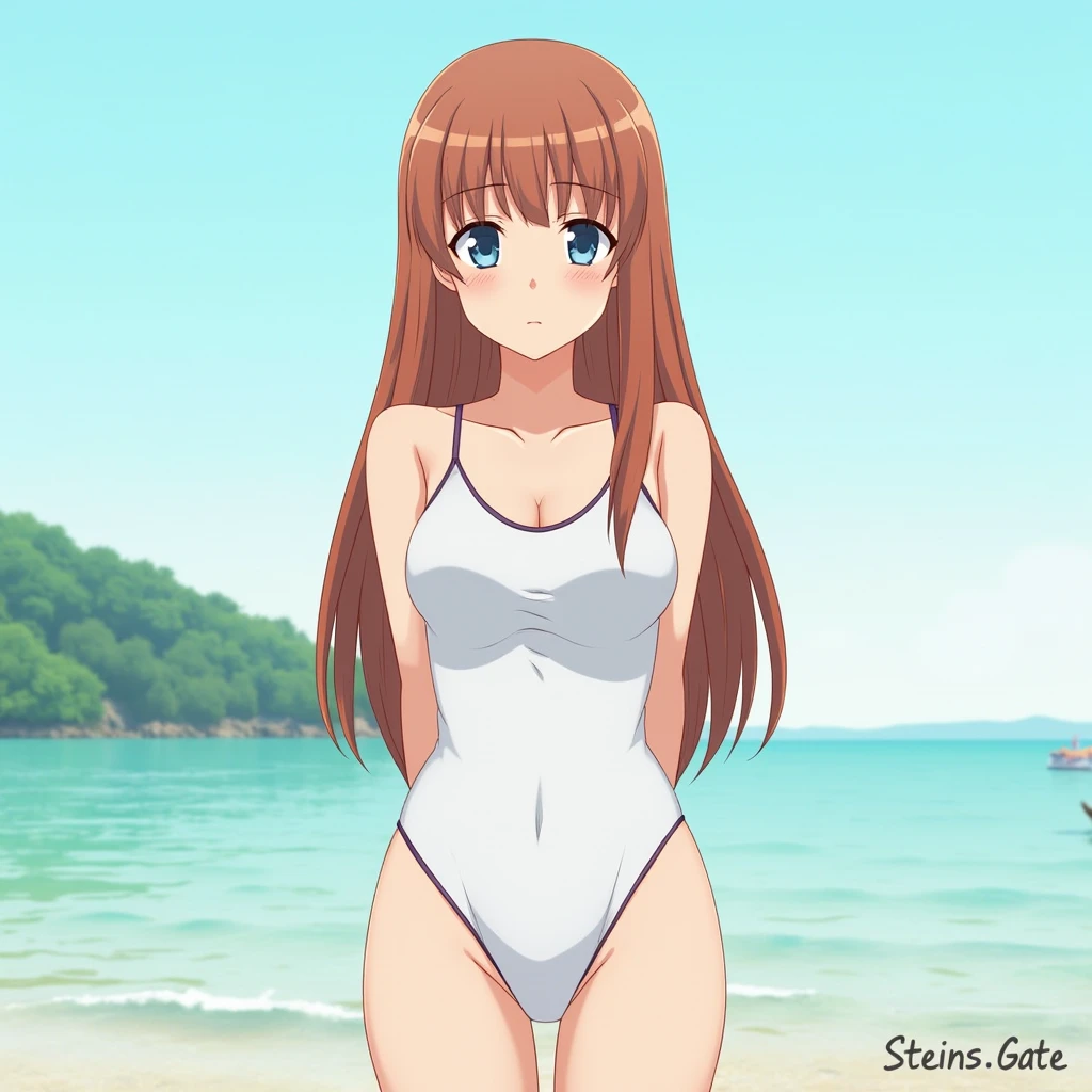 (ultra detailed)(master quality)(RAW Photos))(8K)(Realistic, photo Realistic:1.2)(ultra detailed anime)(anime style) ((Highest quality)),(Takagi-san)(Ms. Takagi who is good at teasing)(Sandy beach On the sand)(close shot)(ultra detailed eyes)(Perfect child Anatomy)(Real human skin)(white latex leotard)()(small tits)
