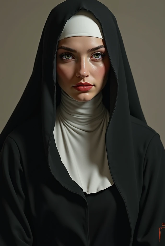 

"A Roman Catholic nun wearing a traditional black habit with a white veil covering her hair, she should look sexy.