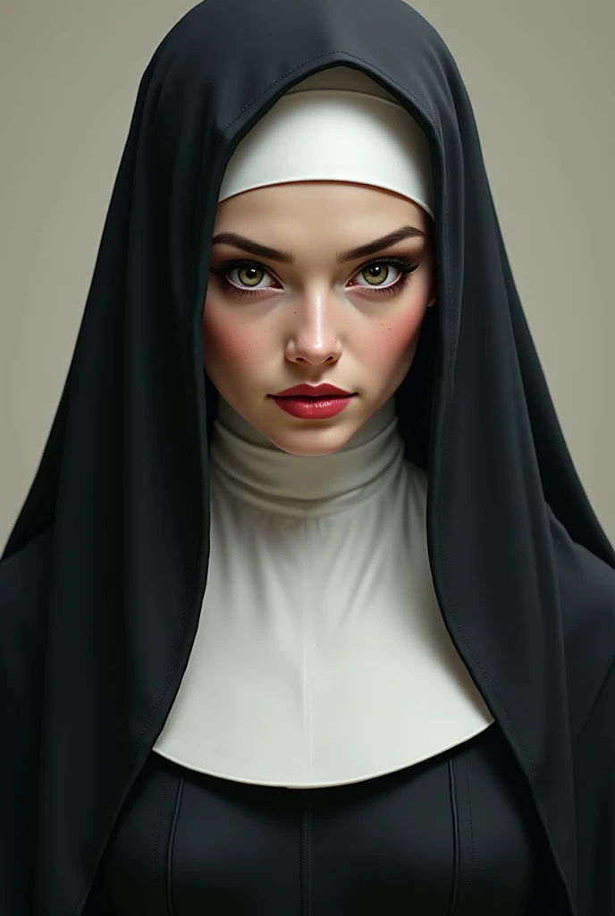 

"A Roman Catholic nun wearing a traditional black habit with a white veil covering her hair, she should look sexy.