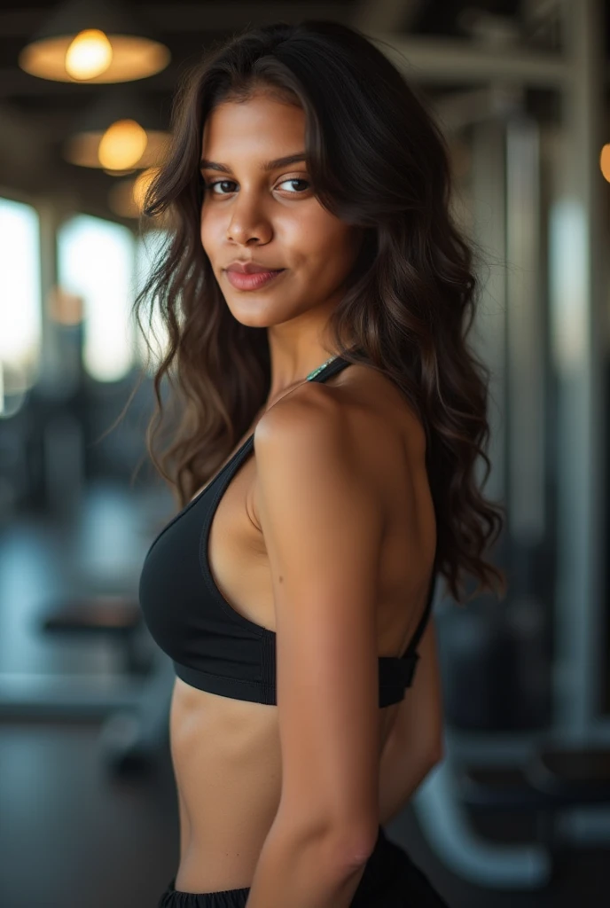 arafat woman in matching sportwear, sexy girl with brown eyes, portrait Sophie Mudd, brown hair and big eyes, young woman selfie, bedroom eyes, purple myers, no makeup, natural makeup, looking directly into the camera, face with artgram, subtle makeup, stunning full body shot , in a gym, cleavage