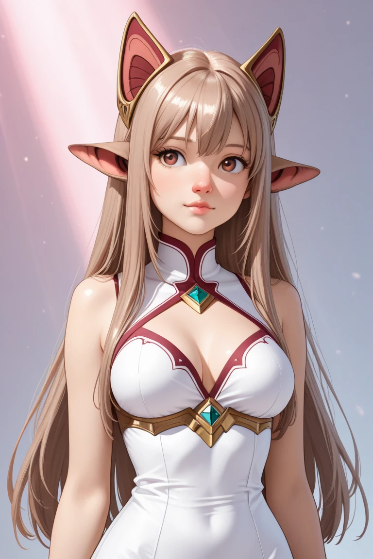  very white , long straight light brown hair,delicate little face,pele macia,Round cheeks ,big light brown eyes, small upturned nose,rounded pink lips,Deformed Ears,delicate body,Medium breasts,thin waist,medium hip,adolescente,cute clothes,anime style,chorando