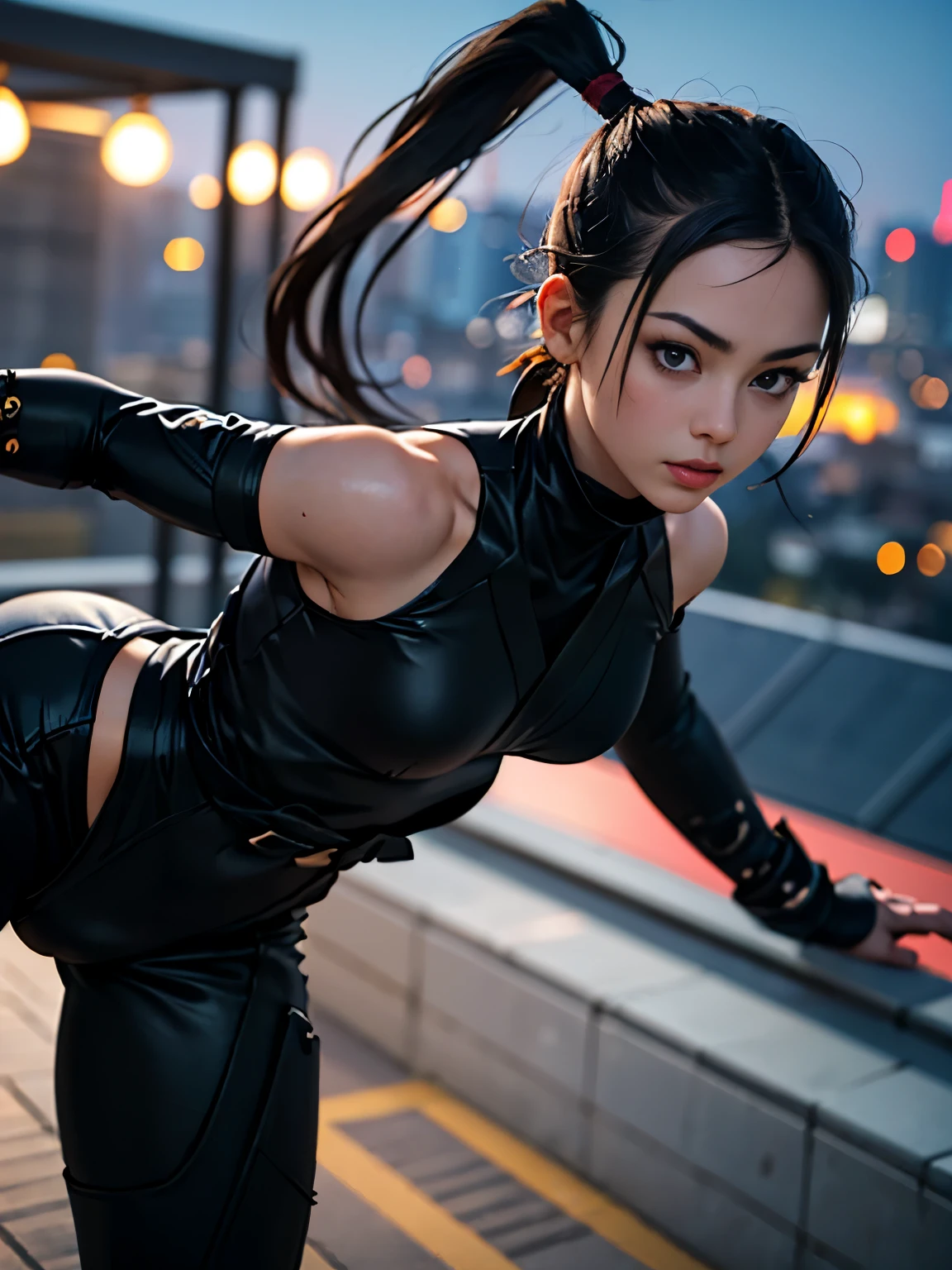 (Surrealism, retina, masterpiece, accurate, anatomically correct, super detail, best quality, 8k, extremely precise in every detail, beautiful detailed glow, beautiful attention to detail, beautiful detailed eyes:1.3), a girl, 18-years-old, slender, (wearing decorated glossy black Ninja-suit:1.2), on the Rooftop of a building, (Combat Stance , fighter pose:1.2), Kunoichi, Female Ninja, ((anatomically correct fingers, anatomically correct hands)), day time