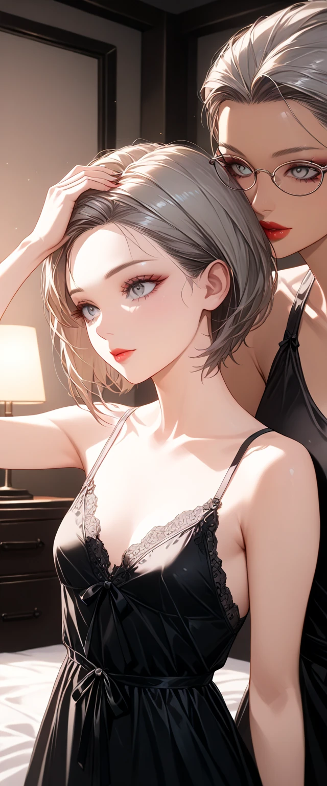 night, RAW Photos, (((Very beautiful portrait))), (Very beautiful portrait))), 1 girl, sexy 2 girl, ((Natural brown short hair)), [Brown eyes],A gentle smile looking at the camera(Cleavage), ((masterpiece, 最high quality, Super detailed, Cinema Lighting, Intricate details, High resolution, 8k, Very detailed)), Detailed Background, 8k UHD, Digital SLR, Soft lighting, high quality, Film Grain, Fujifilm XT3, Shallow depth of field, Natural light, Perfect Face