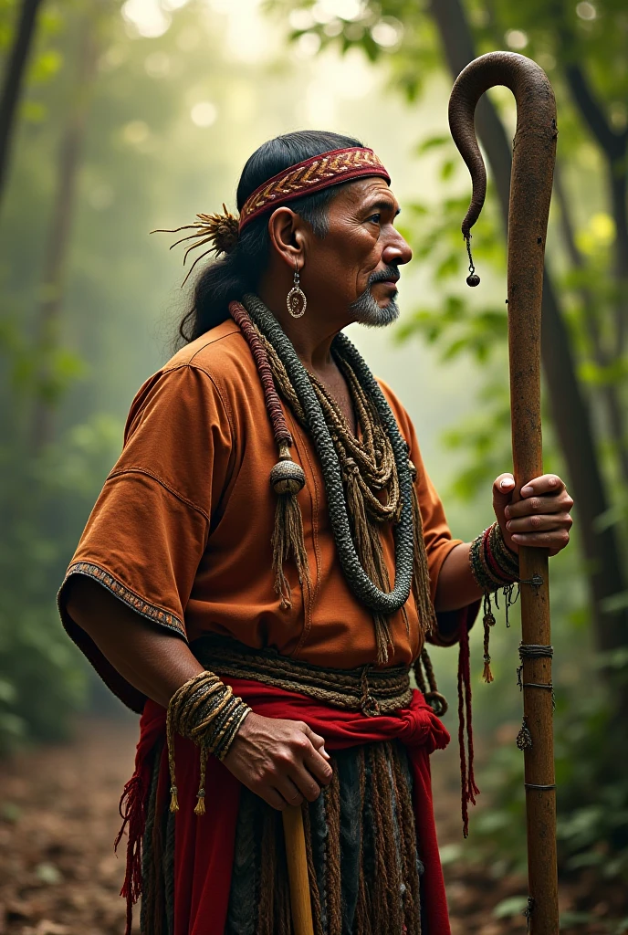 Create an image for me to post on Instagram, An Indian, a 60-year-old cacique with a coral snake wrapped around his arm, holding a Maracá and a cane, In the midst of forest , with a portal of light, an air of renewal and transformation, Apache clothes and may the Indian face the image