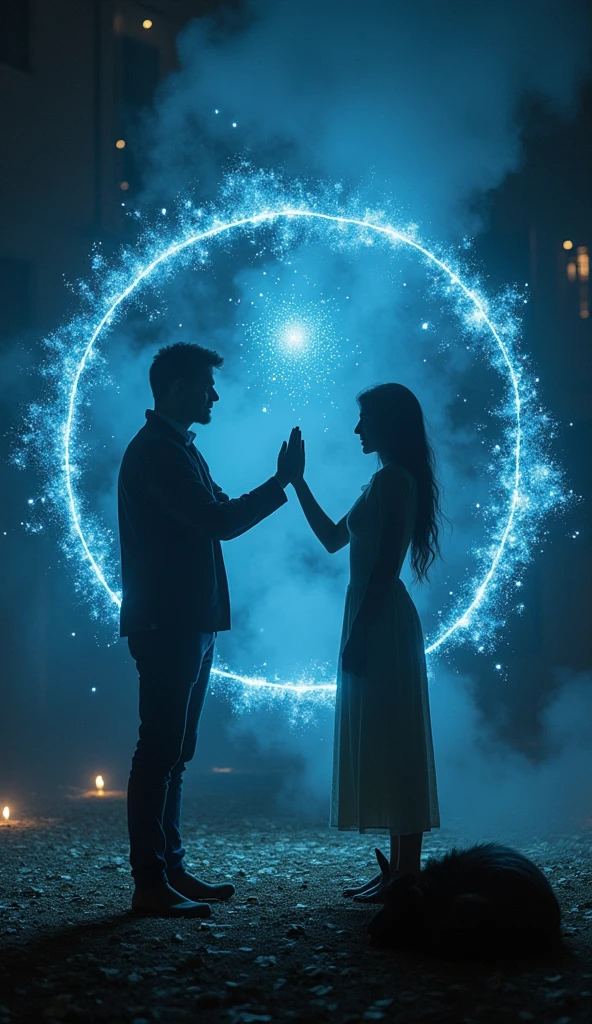 portal in a magical parallel world, between reality and a magical portal, silhouette of a man going to the parallel universe holding hands with the silhouette of a woman who is on the other side of the portal, what divides them is the portal; 35mm film camera