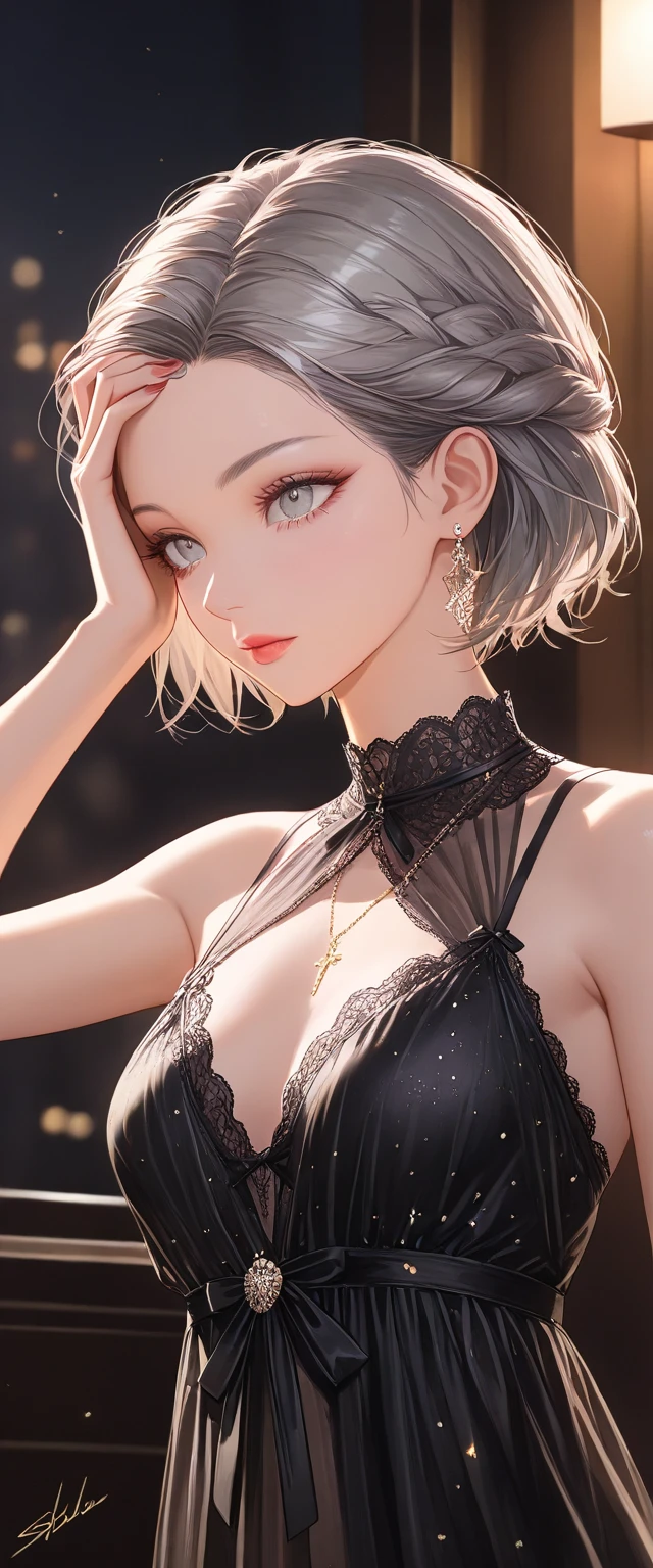 Dark pink lace thong&good, (((Very elegant and beautiful, Perfect detail, Very detailed))), whole body, The most detailed girl, Written boundary depth, 美しく詳細なwhole body, Thin legs, 1 girl, 30 years old, Very short hair, Spiked Hair, Gray and silver hair, Beautiful detailed hair, Perfect Face, Expressionless, Beautiful, detailed, deep eyes, Please open your mouth a little, Delicate arms and hands, Super small breasts、Pale skin, Earrings, Beautiful and gorgeous necklace, Colorful background, HD background, Blurred Background, Very delicate and beautiful, masterpiece, (((Highest quality, Very beautiful 8K CG wallpaper))), (((Trendy hairstyles))), (Inside the room,Stylish interior,window),