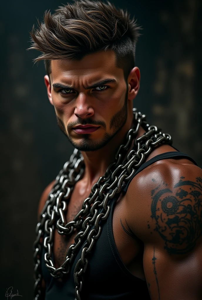 um garoto loiro, Twink, loiro, com olhos azuis, ele estaria deitado numa cama com as pernas abertas, He would be chained with various chains on his arms and legs, with hands up, Their expressions would be, ao mesmo tempo de prazer, um leve constrangimento;, ele estaria sem roupas completamente nu, O do seria grande e bem detalhado, ser realista e circuncidado, Their testicles would be large and round, Very nice and detailed