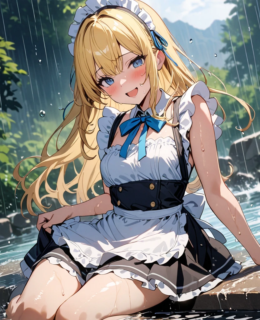 realistically, golden eyes, twintail, glowing eyes, golden hair, white short skirt, extra short skirt, Blush, daytime, Wet, see through, sleeveless shirt, nipples, pussy, embarrass, Sit with your knees raised, windy, yami, the skirt is turned up, highest quality, High resolution, highly detailed face, bare crotch, highest detailed CG, perfect hands, perfect anatomy, wind blow skirt up, medium breast