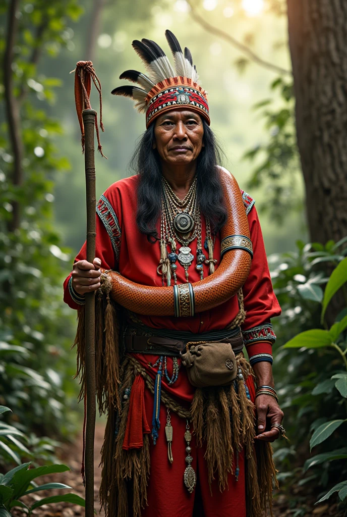 Create an image for me to post on Instagram, An Indian, a 60-year-old cacique with a coral snake wrapped around his arm, holding a Maracá and a cane, In the midst of forest , with a portal of light, an air of renewal and transformation, Apache clothes and may the Indian face the image, With clothes in the color red , black and white, with a headdress on the head in black and red