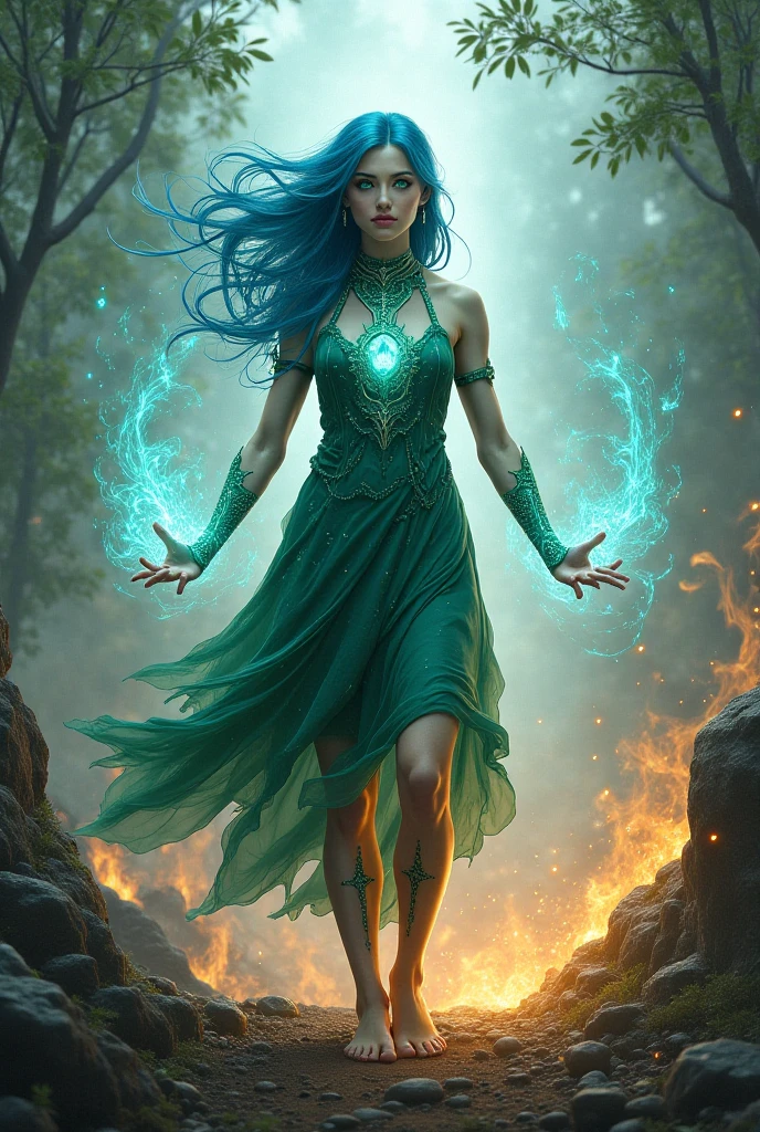 Eyes that are green, Blue hair its power something that has to do with the 4 elements 