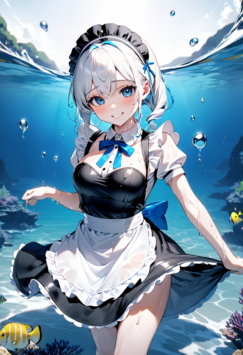 ((best quality)), (Extremely detailed), ((Ultra HD)), (masterpiece), (high quality), (best quality), (4K), (high quality), (1 girl),slim, (Transparent fabric),Dead water,Maid costume,Blushing shyly,Low saturation,Cleavage