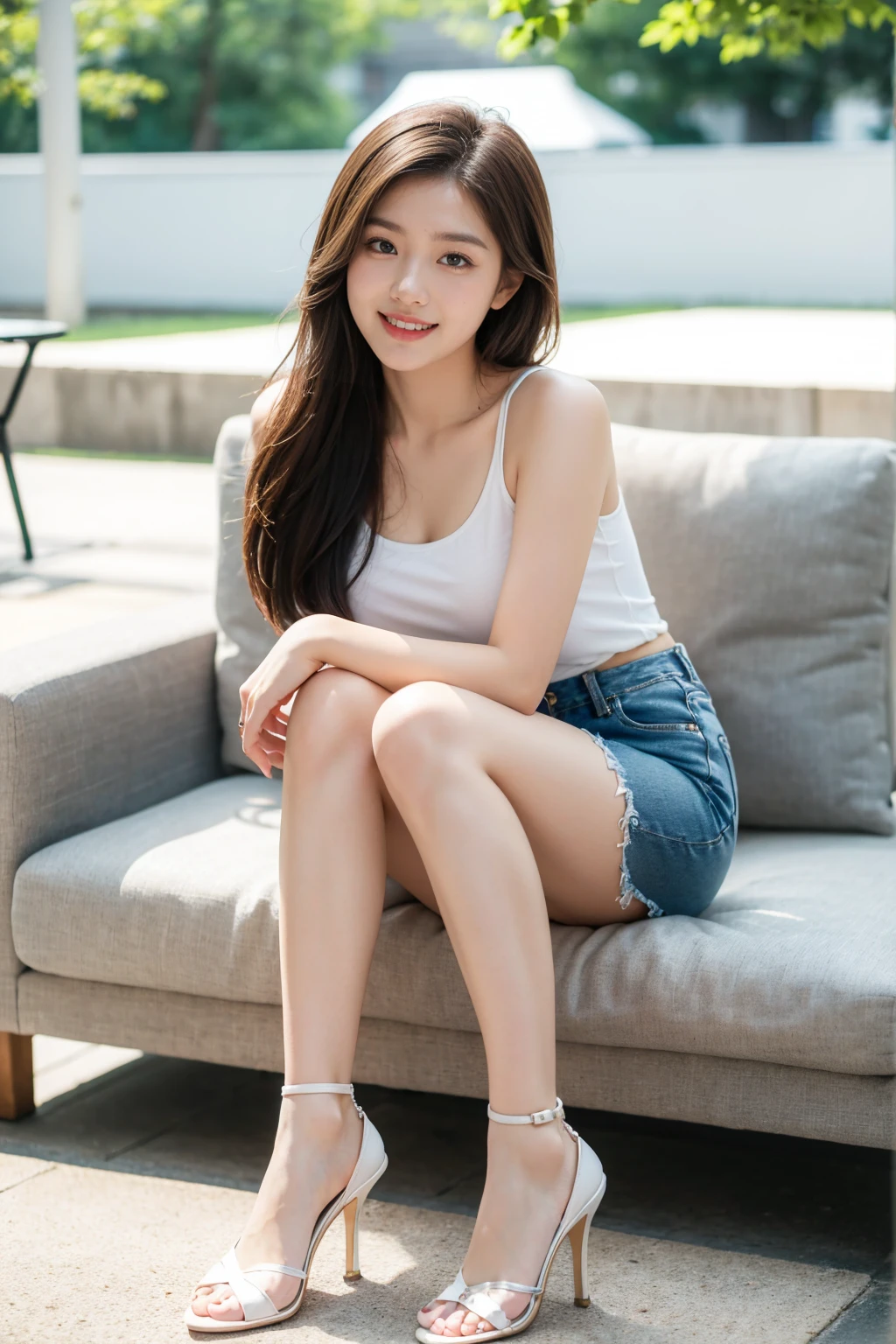((Top quality、8K、Master School:1.3、In the company、OL、Office casual setting、 (1 cute korean stars,Large breast bulge) ,Long hair,, 32 inches chest size, Grey Camisole Vest, shorts,White shoes , Nikon, Ultra HD 1 Girl、slender beauty:1.3、Super detail face、Exquisite eyes、Double eyelids、smiling facial expression、(sexy pose),whole body、brown hair、necklace,Tanned skin、Bangs to eyebrows、Beautiful brown hair、Beautiful and delicate eyes、Brown eyes、Raise an eyebrow、Bangs to eyebrows、Beautiful brown hair、Beautiful and delicate eyes、Brown eyes、Raise an eyebrow、High Nose、Small nostril、Little mouth、Tempting lips、Mouth slightly open、Beautiful breasts、Full body、Oval face,Phoenix Eyes,Eyebrow, Double eyelids, Long eyelashes, 。Long legs and fair skin,The legs are slender and slender,Smooth as jade,A faint smile,20 years old、beaver、shortcut、piece、 look、stare、Houseplant、verdant、look到whole body、window