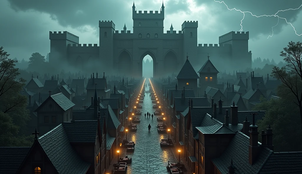 From an elevated perspective, the dark fantasy city spreads under a tumultuous sky, an extensive labyrinth dominated by shadow and intrigue. The layout reveals a chaotic network of narrow streets, winding streets that twist and become like serpents, flanked by imposing obsidian stone and aged wood buildings, } its roofs adorned with sinister towers and grotesque statues that seem to watch over the inhabitants below. In the heart of the city, a colossal fortress rises, its cut-out profile The horizon. A fortaleza, built of dark granite and reinforced with iron, is surrounded by a moat of murky water that reflects the flickering lights of the torches that border its walls. The Fortress's Gates, massive and threatening, are flanked by armed guards whose eyes sparkle with coldness,  calculating look . O mercado , visible from above, is a center of intense activity, no entanto, exudes an air of discomfort. Benches covered in dark fabrics overflow with bizarre and arcane items—potions that bubble ominously, enchanted trinkets pulsating with energy, and scrolls inscribed with forbidden knowledge. Shadows glide between the vendors, and figures hooded women exchange whispered secrets, their faces obscured by faint light. forests around the city, the landscape is a mixture of rugged and twisted cliffs, Twisted Trees, their branches extending like skeletal fingers. A dense fog spreads from the edges, enveloping the surroundings in mystery and insinuating the dangers that hide beyond the city walls. acima, the sky is a whirlwind mass of dark clouds, occasionally illuminated by lightning that casts sinister shadows on the urban scene. This aerial view captures the essence of a place steeped in dark magic and ancient secrets, where each alley holds a story, and the air itself charged with the promise of adventure and danger. It is a city where the boundaries between the known and the unknown blur, inviting the brave - or the foolish - to venture into its depths