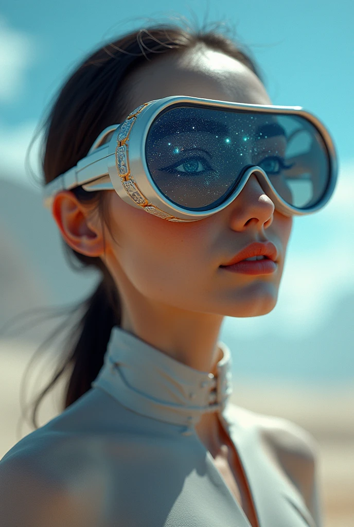 The model is wearing glass sunglasses with stars and the moon on the glass