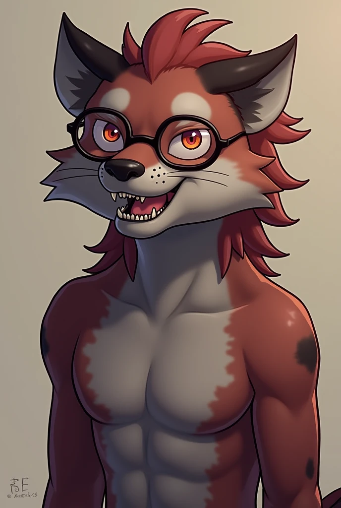 solo, hyodo, (glasses, fangs:0.8) anthro male, skimpy, detailed bulge, genital outline bust portrait, forest background, painting \(artwork\)