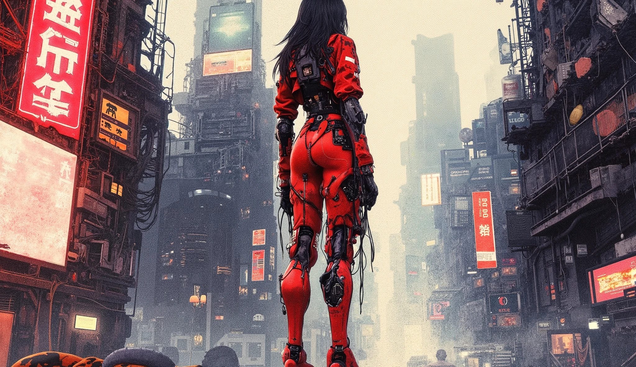 Lonely cyborg woman on an abandoned rooftop watching a ruined futuristic city at night, Ghost in the Shell style anime, Shades of blue and gray, atmosphere neblinosa, visible cables and connections, technological details, post-apocalyptic environment, Night lighting