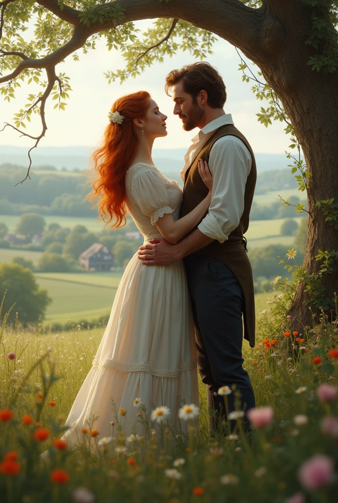 Couple in love from 1810 in countryside of England, England. Beautiful woman with ginger hair, white DRESS. Tall handsome man with brunette hair and blue eyes