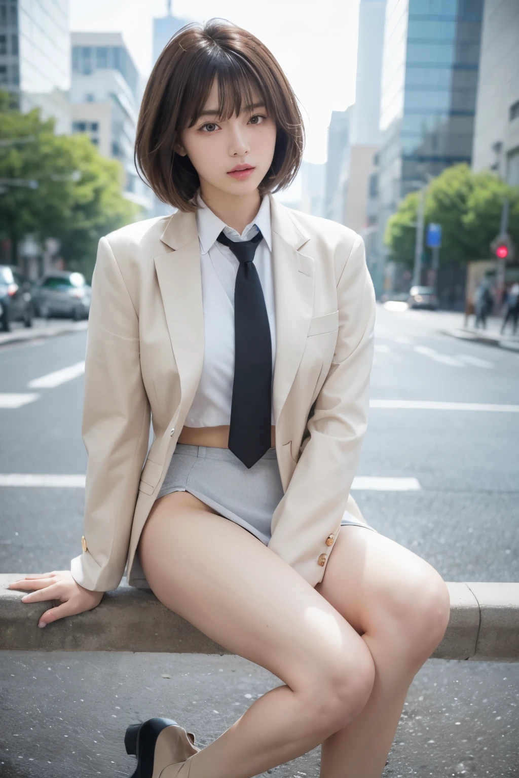 a 19 year old face of the most beautiful actress in the world, the perfect body proportions of a female, blazer is worn with formal shirt on female upper body, female crotch in panties between bare legs are seen a little thanks to skirt is too short, the short hair cut for a female, standing, at the city street, nsfw, best quality, highly detailed, masterpiece, ultra high res, photo realistic, 8k