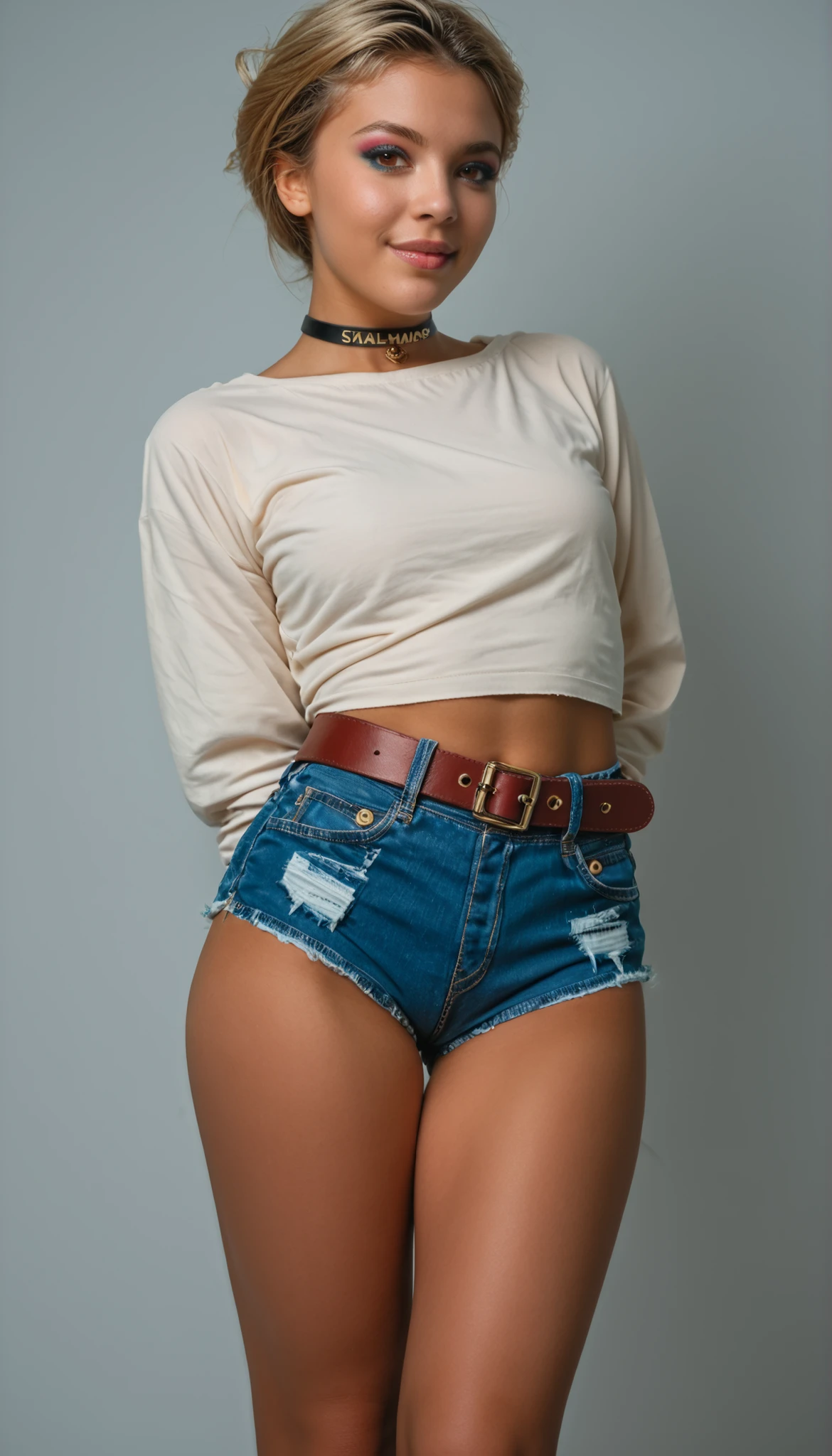 Masterpiece, extremely detailed, 8k quality, 1 girl, short hair, wavy hair, blonde hair, brown eyes, ((baggy oversized t-shirt)), ((ripped jean short shorts)), small breasts, semi thick thighs, bedroom background