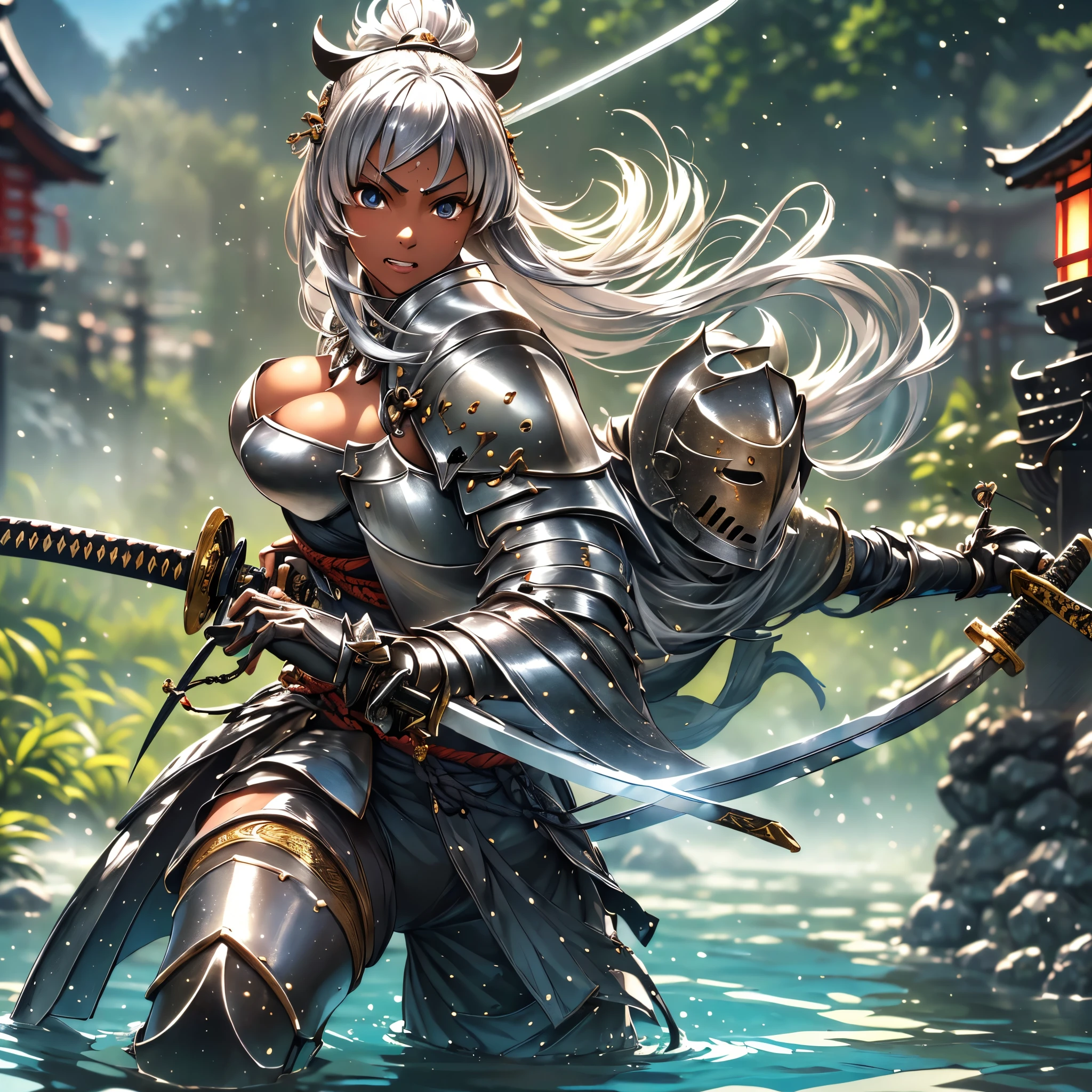 (((top quality、4k))), ((masterpiece)), ( are familiar), Perfect face,  Shiny Skin, beautiful breasts, Shiny Skin、  tanned skin  、sweat、 double teeth
、 young、 big breasted with a cross eye、hot spring、Dark Skin、close、Nearby、(((having Japanese sword、battoujyutsu)))、  (((knight 、 silver hair)))