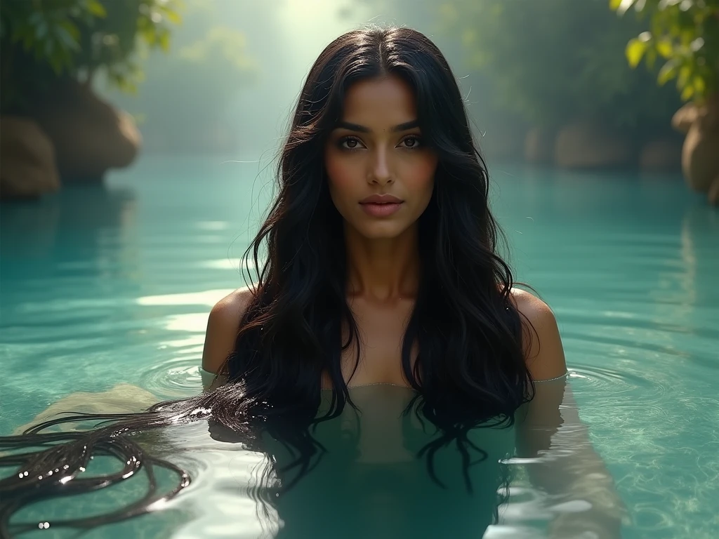 Beautiful Rashmi Desai (((with very very long silky dark straight hair flowing till feet and laying on water to the downwards  like a super Rapunzel))), Front view.