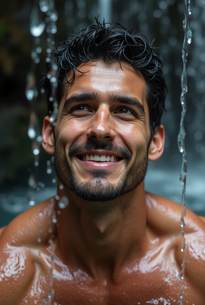young man 20 years old , (ทรงผมแบบ Crew Cut: 1.3 ), black hair, short hair details, burly handsome man ,naked ,White swimming trunks with large bulges, strong, handsome, outdoor, Take a steam shower., hot spring, Onsen, sweat, look at the audience., depth of field, Bokeh, Detailed background, Detailed light, diffuse natural sunlight, Skin glows naturally., symmetrical eyes, Big smile