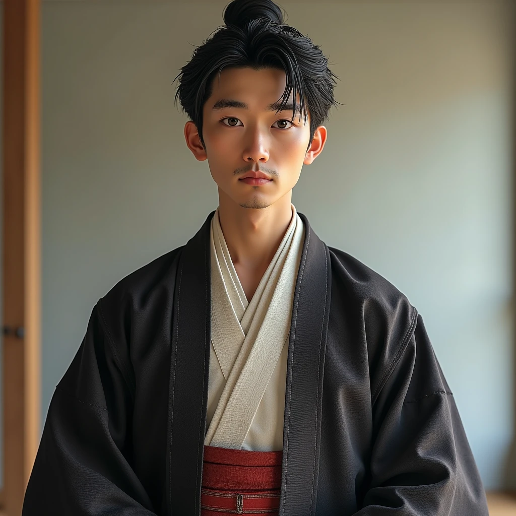 Ultra-realistic portrait of a Japanese man wearing traditional Japanese clothing, such as a kimono with hakama and haori, standing in a serene setting. His expression is calm and dignified, with detailed facial features and natural lighting. Background is simple and clean, enhancing the elegance of the attire. High resolution and lifelike textures