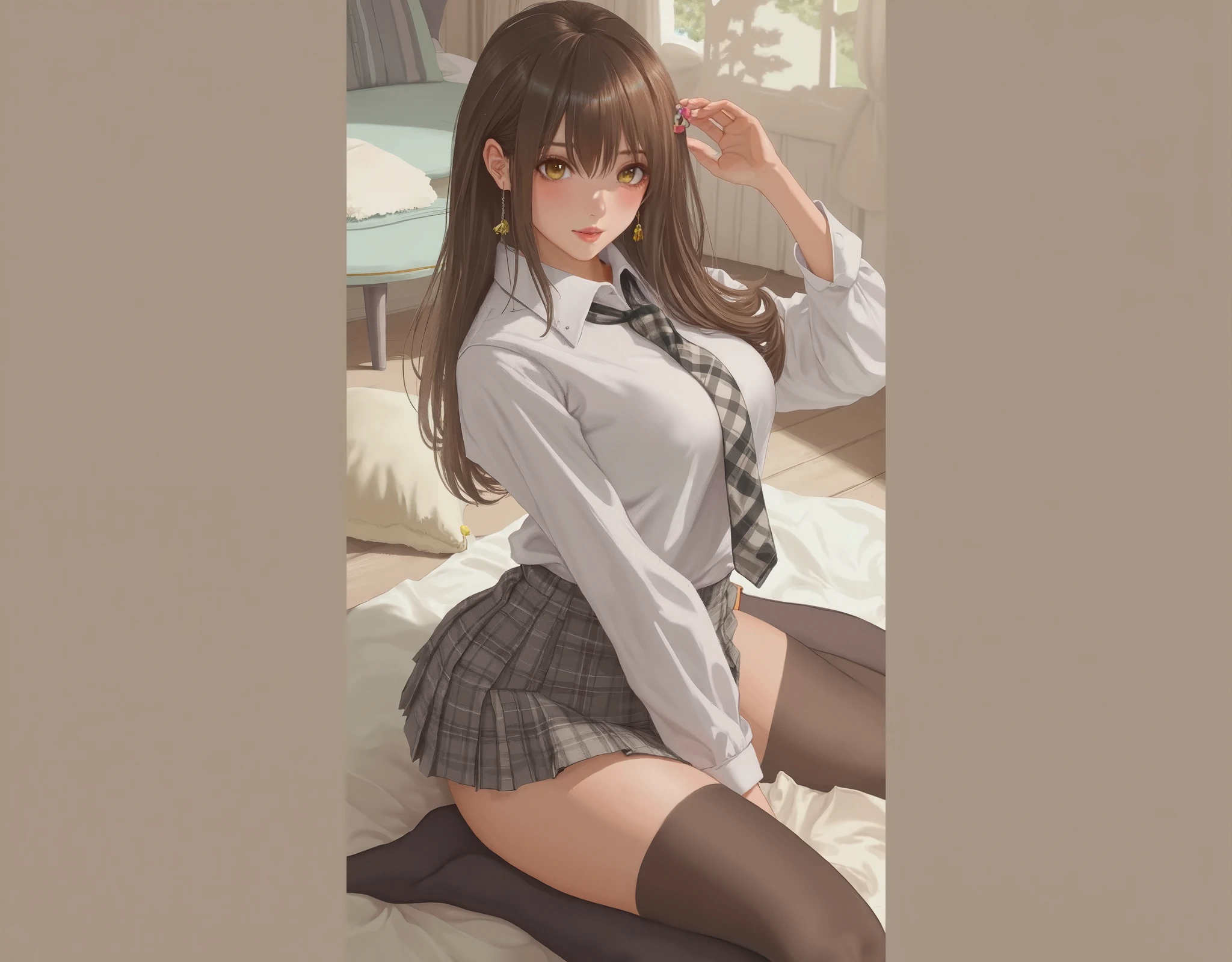 ((highest quality、Highly detailed CG Unity 8K wallpaper))、detailed face、perfect body、unparalleled beauty、beautiful breasts、spread your legs wide、((She lifts up her skirt and shows her panties、sexy expression))