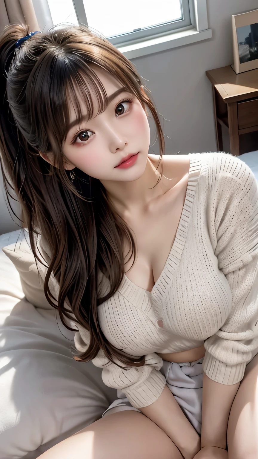 girl,long hair,black hair,bangs,ponytail,swollen lips,painted lips, thick lips,reveal cleavage, erotic, ,huge breasts,older sister,sweater,28 years old,shiny skin, lying on bed, head on pillow, facing up