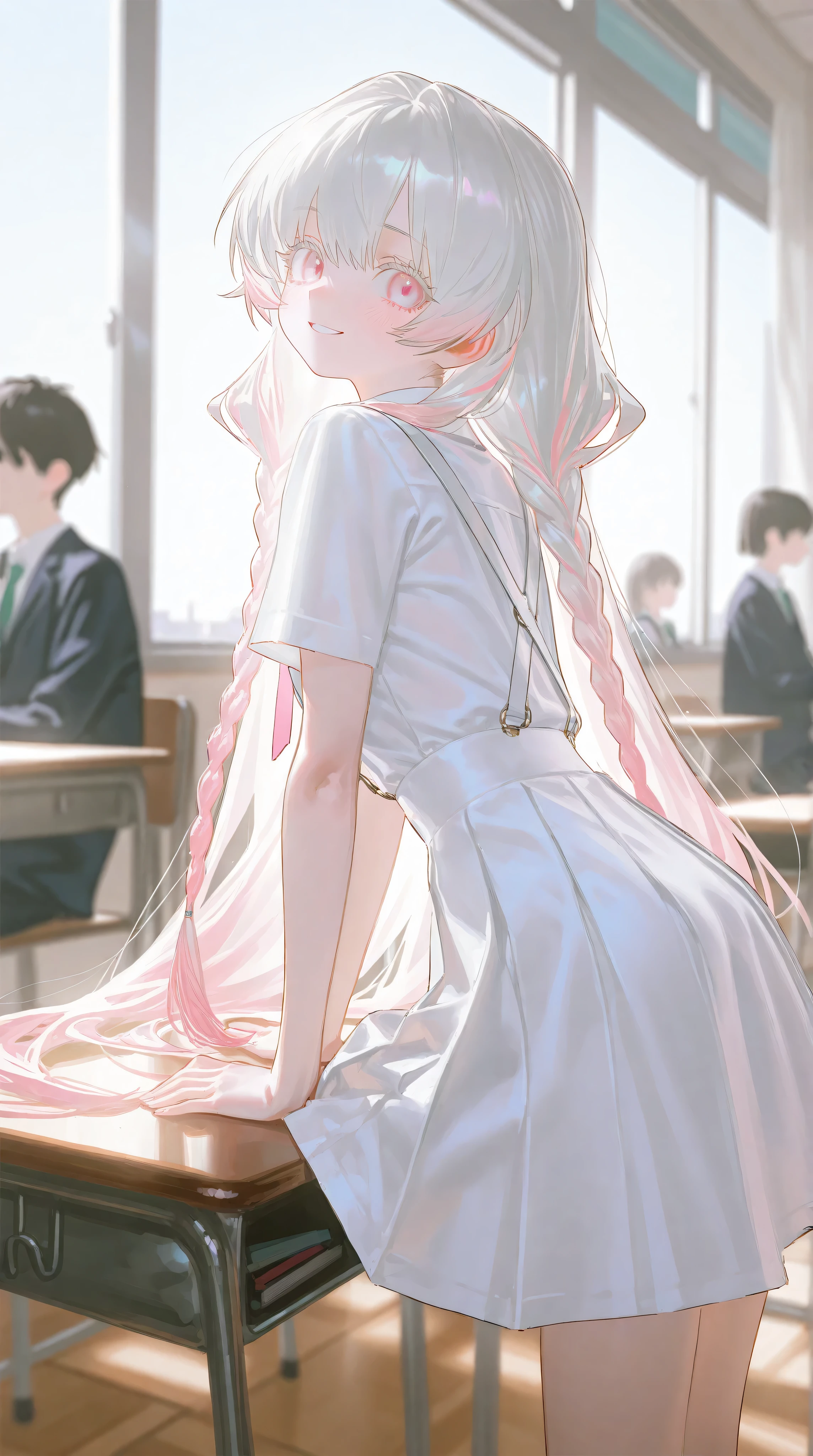 1 girl, girl, Light pink eyes, White hair, Very long low double twist braid with white and pink double dyed, gradient hair,Very long low double twist braid,Light pink eyes, white eyelash ,wears a sexy white lace suspender dress,Reoen of the Sexes , school uniforms, long hair, depth of field, Movie, masterpiece, best quality, High quality, newest, Classroom, sky, smile , watching the audience,