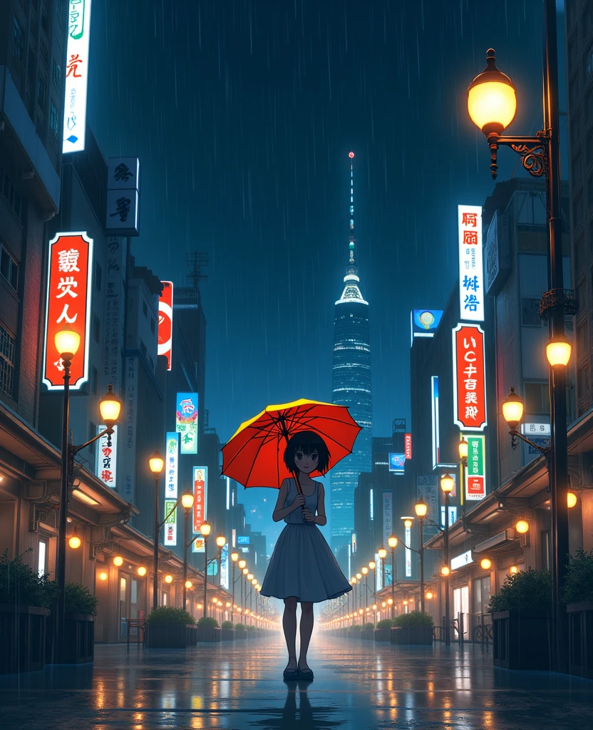 tokyo at night, a girl with an umbrella , Ghibli-like colours, highres, super detail