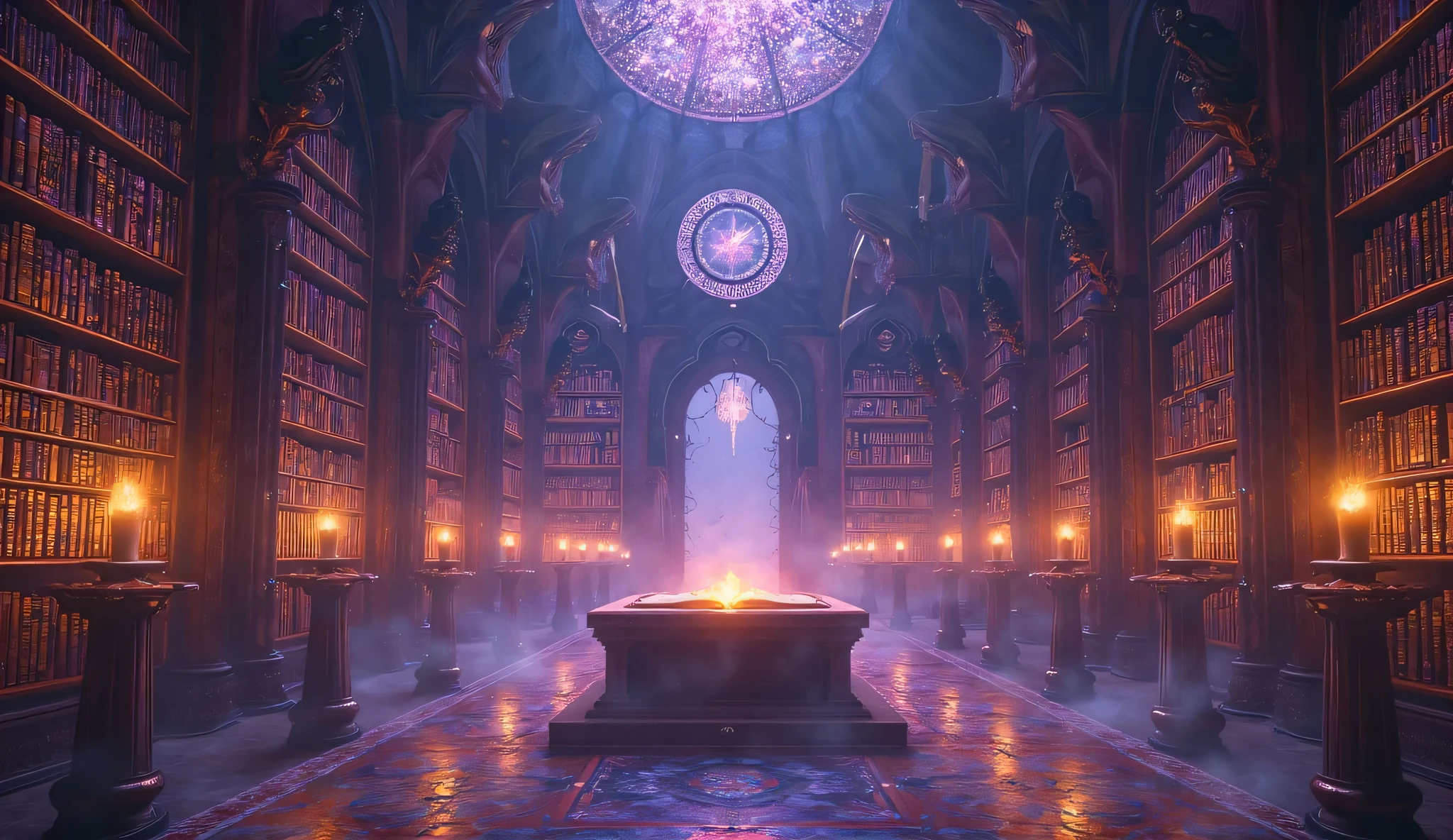 twilight inside mystical library, purple and gold reflections on shelves, altar with glowing scrolls in center, candlelight casting long shadows, arcane ambiance