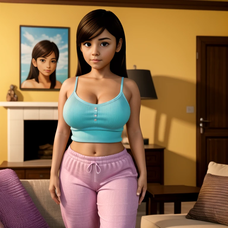 Isabela Merced as dora,orange tights, pink tanktop, confident, big breasts: 1.5, perfect anatomy, perfect symmetry: 1.2, realistic face: 1.2, perfect face, content, confident, very detailed and dramatic, Cinematic lighting, Lighting scene, soft lights, tanned skin,Professional whole body photo, (Photo 4k:1.1) by (Arny Freytag), (sharp focus:1.3), high detail