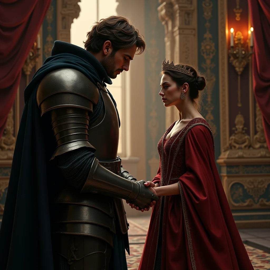 Draw the sad knight looking at them in the back as the queen and the king look hand in hand