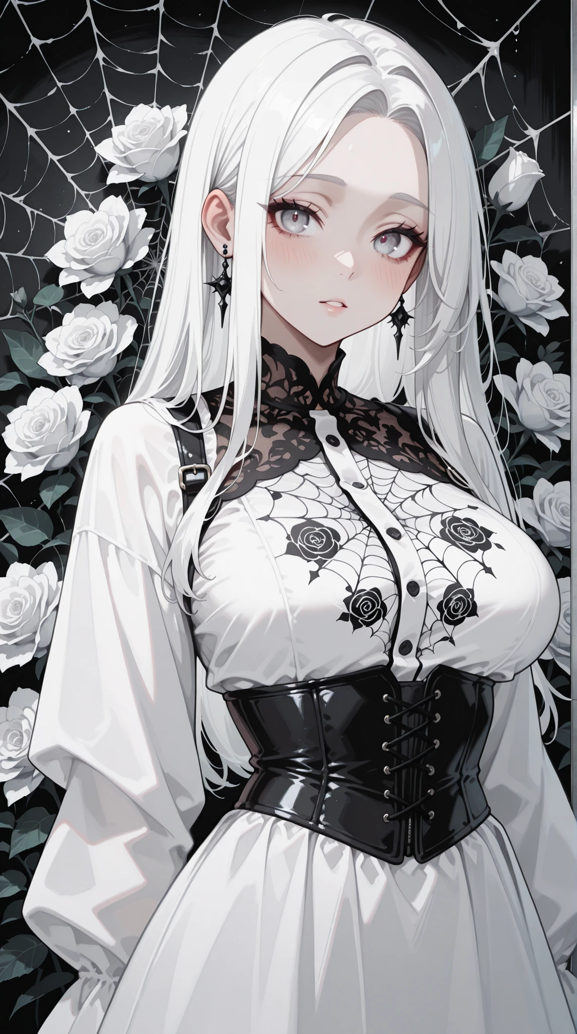 A captivating illustration of a pale-skinned, long-haired woman with white hair, a melancholic expression, black corset-like bodice, and flowing white dress; detailed with dark, stylized roses, spiderweb-like patterns, and a touch of gothic romance, in a grayscale color palette with subtle blush and dark accents., ultra-detailed, intricate details,masterpiece, best quality, amazing quality, hyper-detailed, newest, very aesthetic