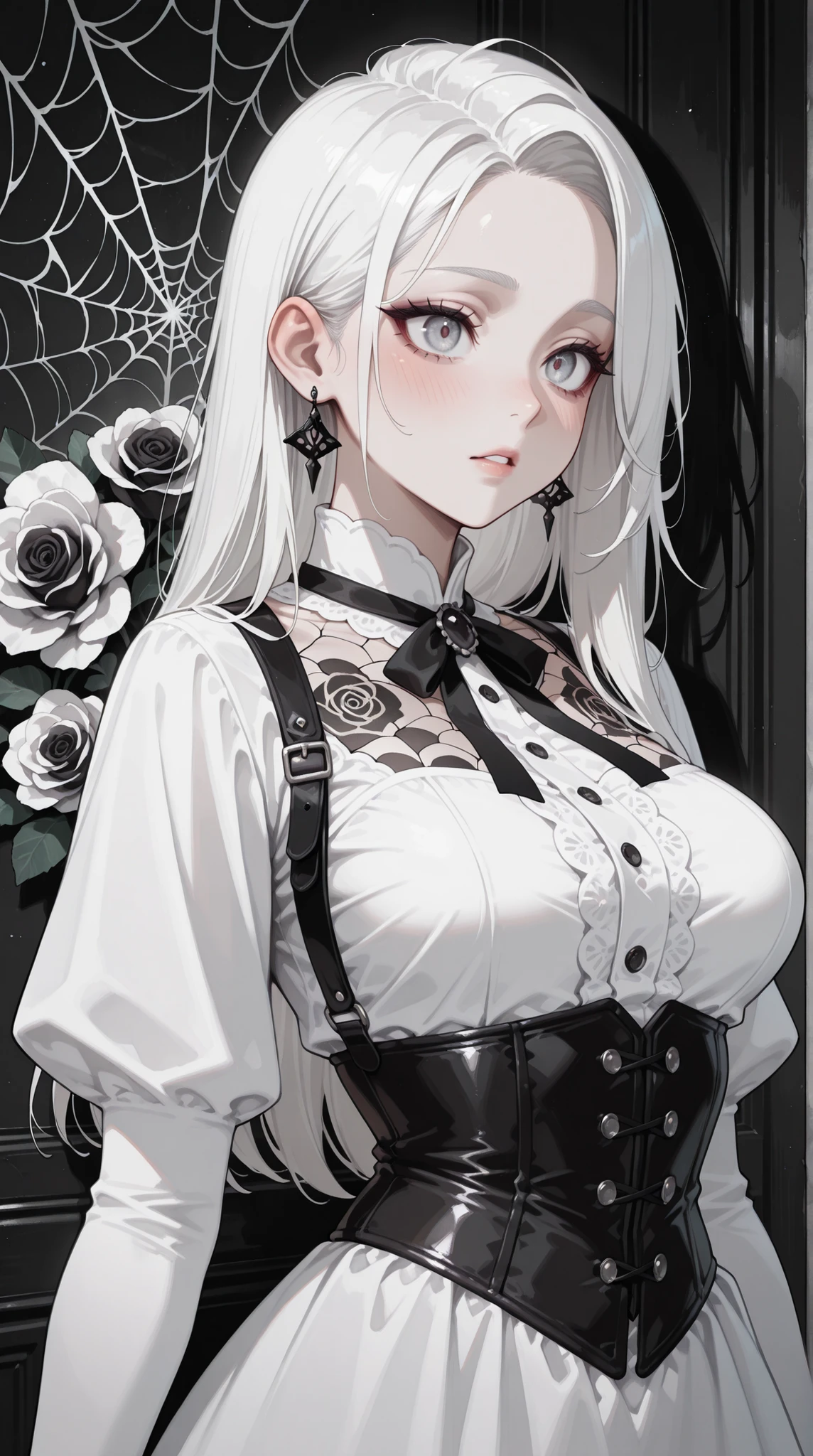 A captivating illustration of a pale-skinned, long-haired woman with white hair, a melancholic expression, black corset-like bodice, and flowing white dress; detailed with dark, stylized roses, spiderweb-like patterns, and a touch of gothic romance, in a grayscale color palette with subtle blush and dark accents., ultra-detailed, intricate details,masterpiece, best quality, amazing quality, hyper-detailed, newest, very aesthetic