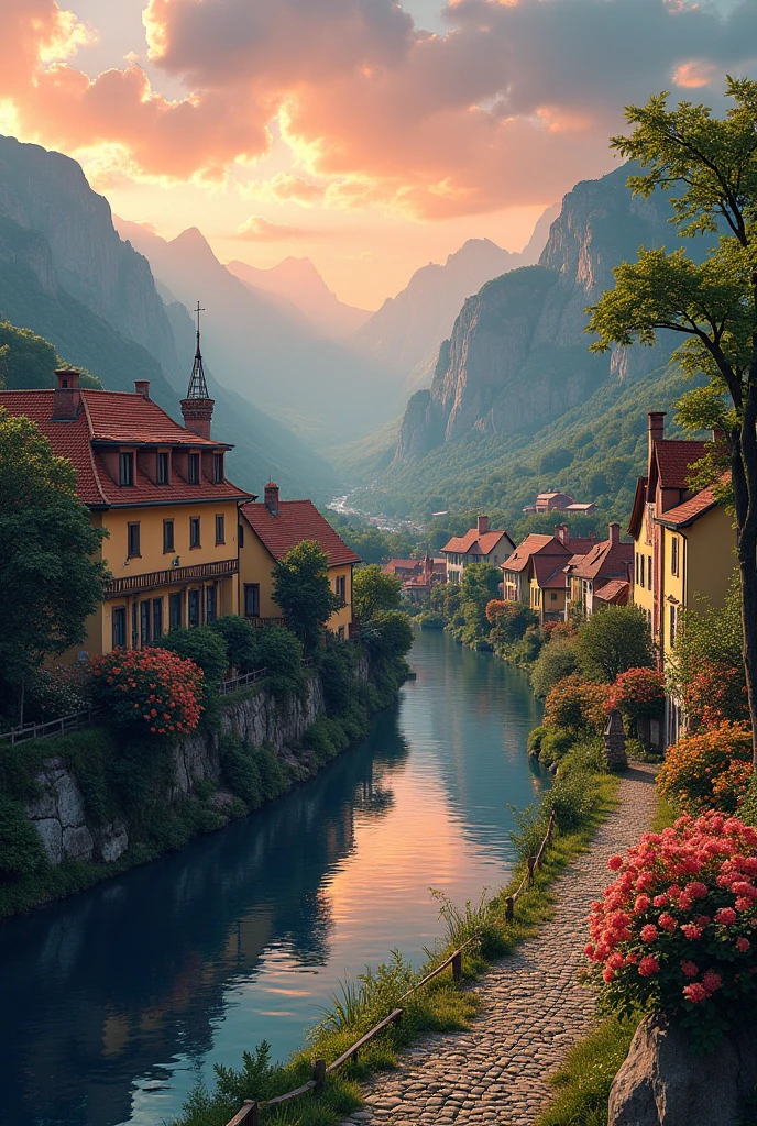a small village by the river, mountains in the background, floral flowers colorful, detailed landscape, Beautiful natural landscapes, atmospheric lighting, scorching sunset, warm colours, practical, photopractical, Detailed Foliage, complex buildings, cobblestone street, Charming country house, swirly vibrant colors, lush vegetation, Still water reflections, Picturesque, idyllic, work of art, best qualityer, 8k, extremely detaild,anime styling