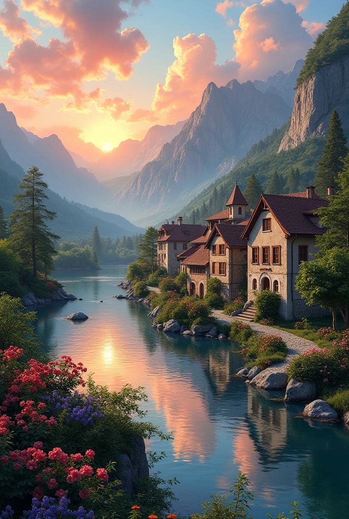 a small village by the river, mountains in the background, floral flowers colorful, detailed landscape, Beautiful natural landscapes, atmospheric lighting, scorching sunset, warm colours, practical, photopractical, Detailed Foliage, complex buildings, cobblestone street, Charming country house, swirly vibrant colors, lush vegetation, Still water reflections, Picturesque, idyllic, work of art, best qualityer, 8k, extremely detaild,anime styling